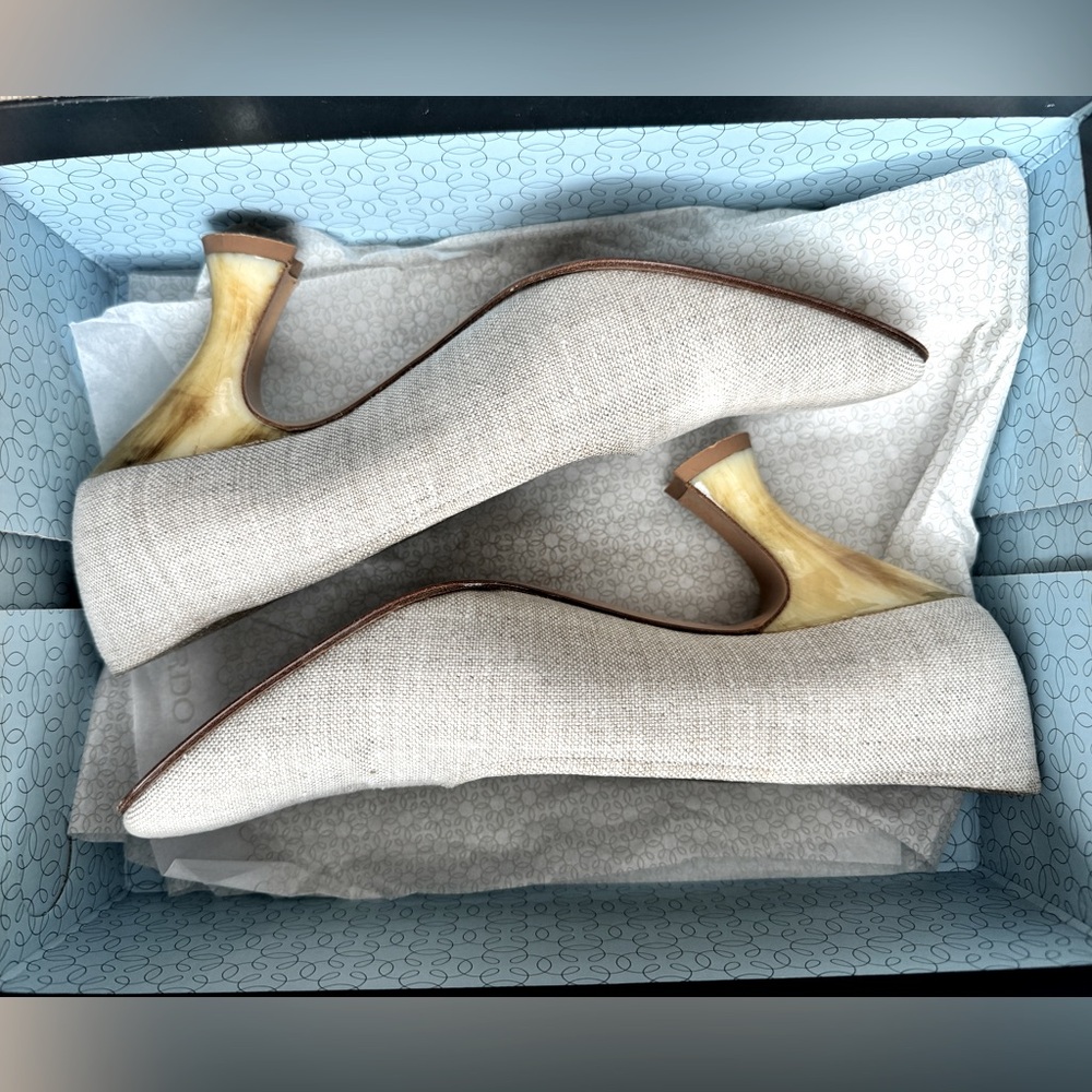 Vintage YSL Pumps | Ivory bone heel, linen, leather | 8.5 US